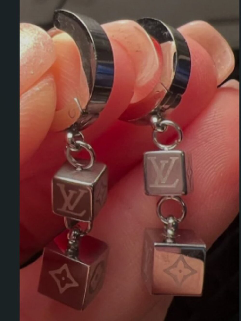Women's LV Silver Tone Cube Drop Earrings Monogram NEW